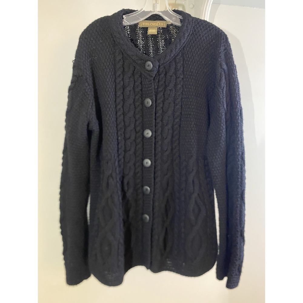 INIS CRAFTS Black Merino‎ Wool Cable Knit Cardigan L Long Length Ireland